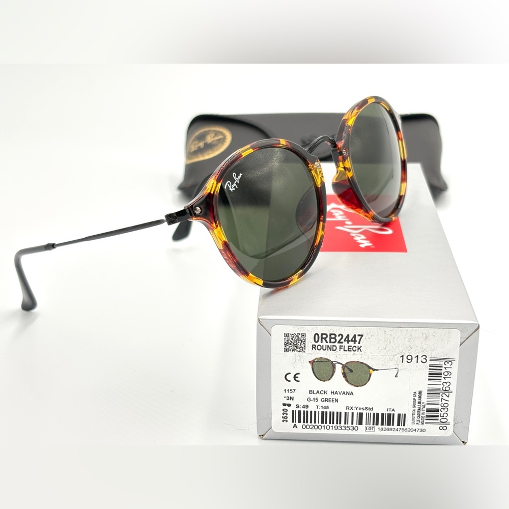 Beautiful Ray-Ban Round Fleck Sunglasses Rb2447 Unisex Black Havana 49-21-145 - Picture 7 of 14